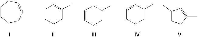 Of the alkenes shown, which would produce the product shown below, upon treatment with ozone, followed by zinc metal and water?     A)  I B)  II C)  III D)  IV E)  V