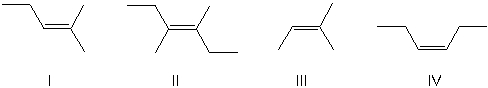 Which of the following alkenes will yield a meso dihalide when reacted with Br<sub>2</sub>/CCl<sub>4</sub> at room temperature?   A)  I B)  II C)  III D)  IV E)  Both II and IV
