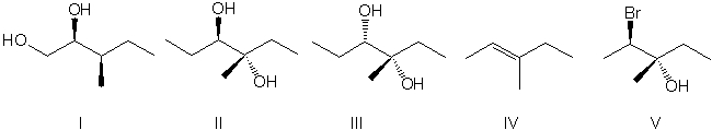 For the following reaction sequence, which molecule is expected as the major product?      A)  I B)  II C)  III D)  IV E) V