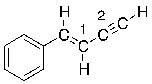 What is the hybridization of the carbon atoms numbered 1 and 2 respectively in the following structure?   A)  sp<sup>3</sup>, sp<sup>2</sup> B)  sp<sup>2</sup>, sp<sup>2</sup> C)  sp, sp D)  sp<sup>2</sup>, sp E)  sp, sp<sup>2</sup>