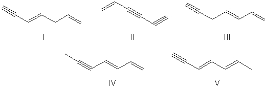 Which of the following is a structure for hepta-3,6-dien-1-yne?   A)  I B)  II C)  III D)  IV E)  V