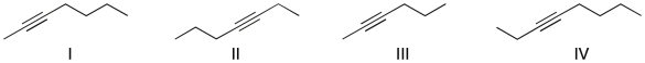 Which of the following is the structure for 2-hexyne?   A)  I B)  II C)  III D)  IV