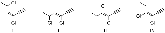 Which structure shown below represents (Z) -3,5-dichloro-3-hexen-1-yne?   A)  I B)  II C)  III D)  IV E)  I and II are both correct