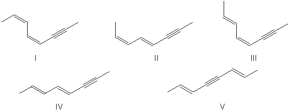 Which of the following is the structure for (2E,4E) -octa-2,4-dien-6-yne?   A)  I B)  II C)  III D)  IV E)  V