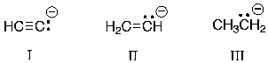 Rank the following carbanions in order of increasing base strength.   A)  I < II < III B)  II < III < I C)  III < II < I D)  III < I < II E)  II < I < III