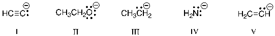 Rank the following bases in order of decreasing basicity.   A)  III > I > V > II > IV B)  III > V > IV > I> II C)  V > I > III > II > IV D)  III > IV > II > V > I E)  IV > II > I > III > V
