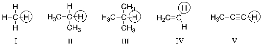 Which of the circled hydrogen atoms is the least acidic?   A)  I B)  II C)  III D)  IV E)  V