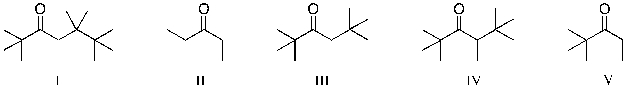 Which of the ketones below could not be prepared by an acid-catalyzed hydration of an alkyne?   A)  I B)  II C)  III D)  IV E)  V