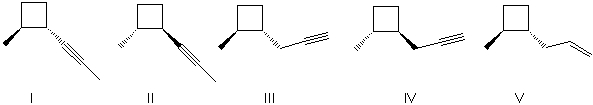 For the reaction below, which of the alkynes listed would be expected to produce the product under the conditions shown?     A)  I B)  II C)  III D)  IV E)  V