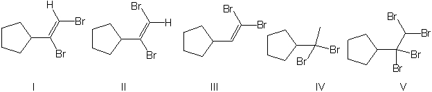 Give the major product from the careful addition of 1 equivalent of Br<sub>2</sub> to the alkyne shown below.     A)  I B)  II C)  III D)  IV E)  V