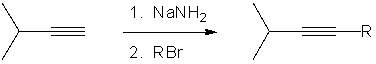 Which of the alkyl bromides listed would work as a reagent in step 2 of the reaction sequence shown, with the resulting major product being an internal alkyne?     A)  I and III B)  II and IV C)  III, IV, V D)  I, II, IV E)  II, III, V