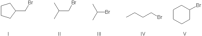 Which of the alkyl bromides listed would work as a reagent in step 2 of the reaction sequence shown, with the resulting major product being an internal alkyne?     A)  I and III B)  II and IV C)  III, IV, V D)  I, II, IV E)  II, III, V