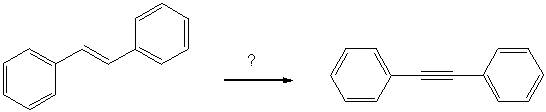 Which sequence of reagents would be expected to accomplish the synthesis shown?   A)  1. HBr; 2. 2 NaNH<sub>2</sub> B)  1. Br<sub>2</sub>, CCl<sub>4</sub> 2. 2 NaNH<sub>2</sub> C)  1. Br<sub>2</sub>, H<sub>2</sub>O; 2. NaNH<sub>2</sub> D)  1. HBr/ROOR; 2. excess NaNH<sub>2</sub> E)  1. Na, NH<sub>3</sub>(l) 