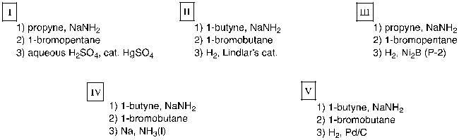 Which sequence of reactions is expected to produce cis-3-octene as the final, and major, organic product?   A)  I B)  II C)  III D)  IV E)  V