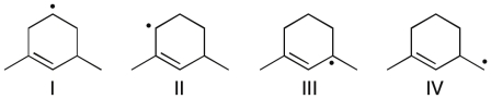Rank the following radicals in order of decreasing stability (most stable to least stable) .   A)  IV > I > II > III B)  III > I > II > IV C)  III > II > I > IV D)  III > IV > II > I E)  II > III > I > IV