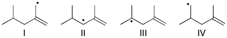 Rank the following radicals in order of decreasing stability (most stable to least stable) .   A)  IV > I > II > III B)  III > I > II > IV C)  III > II > I > IV D)  III > IV > II > I E)  II > I > III > IV