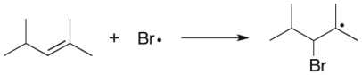 Which term most accurately describes the process shown below?   A)  coupling B)  hydrogen abstraction C)  halogen abstraction D)  homolytic cleavage E)  addition to a π bond