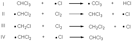 Which of the following represents a propagation step in the monochlorination of methylene chloride (CH<sub>2</sub>Cl<sub>2</sub>) ?   A)  I B)  II C)  III D)  IV