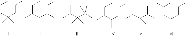 Compound A has molecular formula C<sub>9</sub>H<sub>20</sub>. Compound A produces exactly three constitutional isomers upon monochlorination, and one major constitutional isomer upon monobromination. Which of the following are possible structures of compound A?   A)  I B)  II C)  III D)  IV E)  V