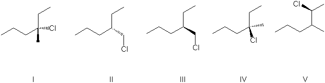 Which of the following are possible product(s)  of the reaction shown?     A)  I B)  I, II C)  I, II, IV, V D)  I, III, IV, V E)  I, II, III, IV, IV