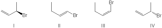 Which of the following are major products of the reaction shown?     A)  I B)  I, II C)  I, IV D)  I, III E)  I, II, III, IV