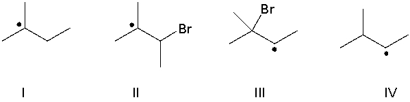 Identify the intermediate leads to the major product for the reaction of 2-methyl-2-butene with hydrogen bromide in the presence of peroxide.   A)  I B)  II C)  III D)  IV