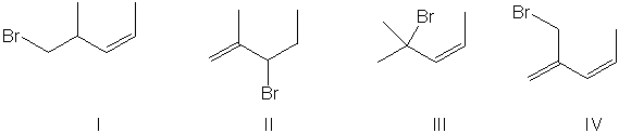 Of the four choices shown, which is likely to be a major product of the reaction below?     A)  I B)  II C)  III D)  IV