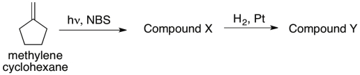 Methylenecyclopentane can be exposed to allylic bromination conditions to give multiple regioisomeric compounds, including Compound X. Compound X can then be hydrogenated to give Compound Y, which has only 4 distinct resonances in the proton-decoupled <sup>13</sup>C NMR spectrum. What are the structures of compounds X and Y?  