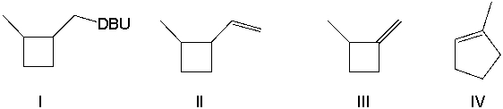 Provide the major product(s)  obtained from the following reaction.     A)  I B)  II C)  III D)  IV E)  II and IV