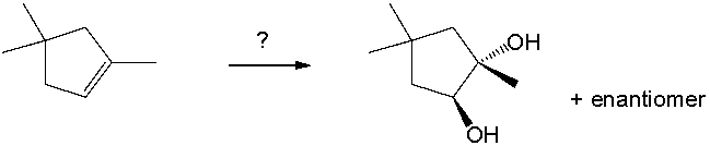 Select the best reagents for the reaction below.   A)  1. OsO<sub>4</sub>; 2. NaHSO<sub>3</sub>, H<sub>2</sub>O B)  1. Hg(OAc) <sub>2</sub>, H<sub>2</sub>O; 2. NaBH<sub>4</sub> C)  1. RCO<sub>3</sub>H; 2. H<sub>3</sub>O<sup>+</sup> D)  H<sub>2</sub>SO<sub>4</sub>, H<sub>2</sub>O E)  1. O<sub>3</sub>; 2. DMS