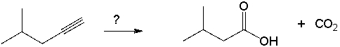 Select the best reagents for the reaction below.   A)  1. OsO<sub>4</sub>; 2. NaHSO<sub>3</sub>, H<sub>2</sub>O B)  H<sub>2</sub>SO<sub>4</sub>, H<sub>2</sub>O, HgSO<sub>4</sub> C)  NaOH D)  excess NaNH<sub>2</sub> E)  1. O<sub>3</sub>; 2. H<sub>2</sub>O