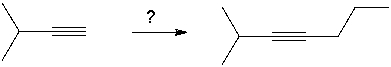 Which sequence of reagents will accomplish the following synthesis?   A)  1. KOtBu; 2. 1-bromopropane B)  1. NaNH<sub>2</sub>; 2. 1-bromopropane C)  1. NaNH<sub>2</sub>; 2. 2-bromopropane D)  1. O<sub>3</sub>; 2. DMS E)  1. O<sub>3</sub>; 2. 1-bromopropane
