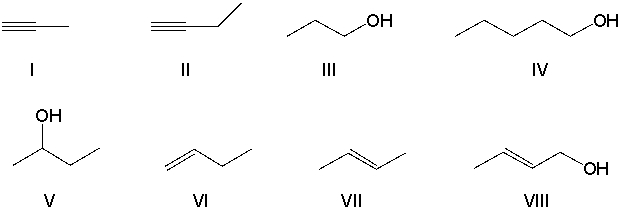 The following sequence of reactions transforms acetylene into a compound with an altered carbon skeleton (compound 1) , and from that into a compound in which the functional group has been changed (compound 2) . Identify compounds 1 and 2.     A)  Compound 1 = I; Compound 2 = III B)  Compound 1 = II; Compound 2 = III C)  Compound 1 = VI; Compound 2 = IV D)  Compound 1 = II; Compound 2 = IV E)  Compound 1 = II; Compound 2 = V