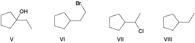 Perform a retrosynthetic analysis by working backwards two steps in the synthesis below. Identify possible combinations of A and B that could lead to the alkyl halide (C) .       A)  B = I and A = VIII B)  B = VI and A = I C)  B = III and A = VII D)  B = IV and A = VII E)  B = V and A = VIII