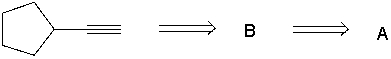 Perform a retrosynthetic analysis by working backwards two steps in the synthesis below. Identify possible combinations of A and B that can lead to the alkyne (C) .       A)  B = I and A = VI B)  B = VI and A = I C)  B = III and A = VII D)  B = IV and A = VII E)  B = VI and A = VIII