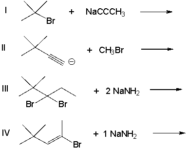 Which of the following effectively produces 4,4-dimethyl-2-pentyne?   A)  I, II, III, and IV B)  II, III, and IV C)  I, II, and III D)  I, II, and IV E)  I, III, and IV