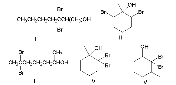 What is the correct structure for 2,2-dibromo-1-methylcyclohexanol?   A)  I B)  II C)  III D)  IV E)  V