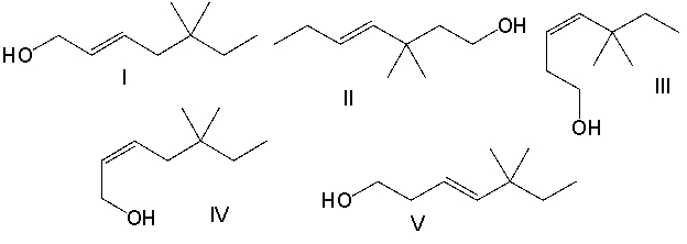 What is the correct structure for (E) -5,5-dimethyl-3-hepten-1-ol?   A)  I B)  II C)  III D)  IV E)  V