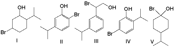 What is the correct structure for 2-bromo-5-isopropylphenol?   A)  I B)  II C)  III D)  IV E)  V