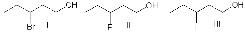 Rank the following alcohols in decreasing order of acidity.   A)  II > I > III B)  I > II > III C)  I > III > II D)  III > I > II E)  III > II > I