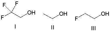 Rank the following alcohols in decreasing order of acidity. Explain your answer.    A)  II > I > III B) I > II > III C) I > III > II D) III > I > II E)  III > II > I