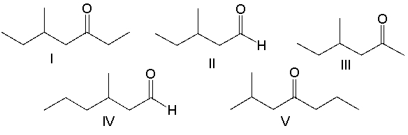 Which one of the following compounds gives 5-methyl-3-heptanol with LiAlH<sub>4</sub> followed by water?   A)  I B)  II C)  III D)  IV E)  V
