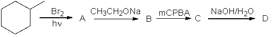 Provide the structure of each product (A-D) in the following reaction sequence.  