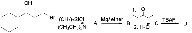Predict the structure of each product (A-D) for the following reaction sequence.  
