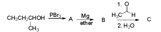 Provide the structure for each product (A-C) in the following reaction sequence.  
