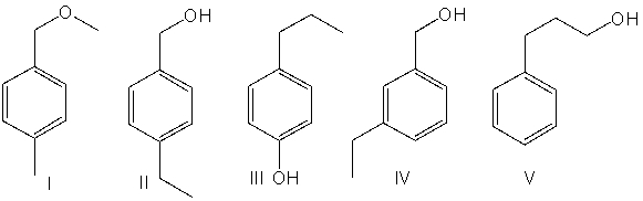 A compound with a molecular formula C<sub>9</sub>H<sub>12</sub>O has the following <sup>1</sup>H NMR spectrum. Which of the following structures is consistent with this spectrum?     A)  I B)  II C)  III D)  IV E)  V