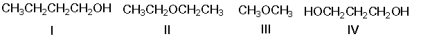 Rank the following compounds in decreasing order of boiling points (highest to lowest) .   A)  II > IV > I > III B)  I > IV > II > III C)  IV > I > II > III D)  III > II > I > IV E)  IV > II > I > III