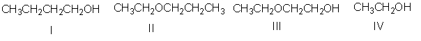 Rank the following compounds in decreasing order of water solubility (highest to lowest) .   A)  II > IV > I > III B)  I > IV > II > III C)  IV > I > II > III D)  III > II > I > IV E)  IV > III > I > II
