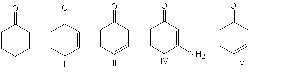 Which one of the following compounds will have the lowest wavenumber for the carbonyl absorption?   A)  I B)  II C)  III D)  IV E)  V