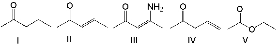 Which one of the following compounds will have the lowest wavenumber for the carbonyl absorption?   A)  I B)  II C)  III D)  IV E)  V